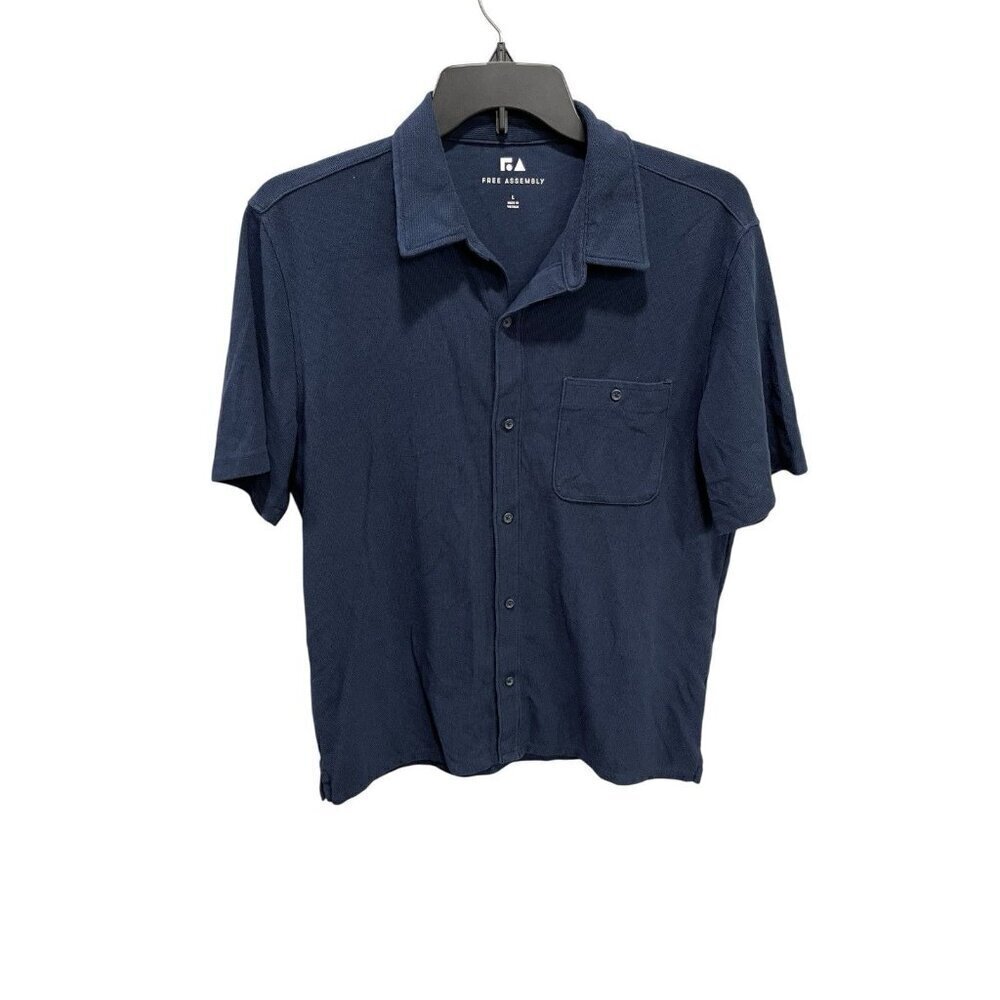 Free Assembly Men's Large Waffle Knit Mens Shirt Button Down Polo Collared Blue